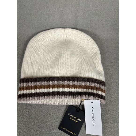 Charter Club Luxury 100% Cashmere White Beanie Hat With Striped Cuff OS NWT's - Picture 3 of 7